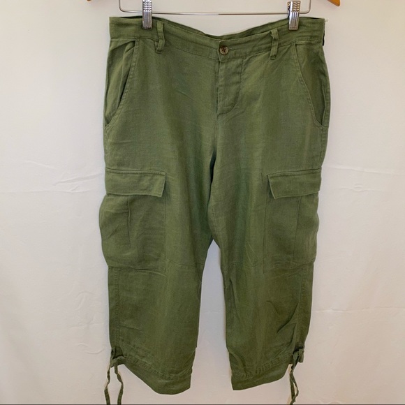 Linen Cargo Capri Cropped Utility Green Pants Size 10 - Picture 1 of 8